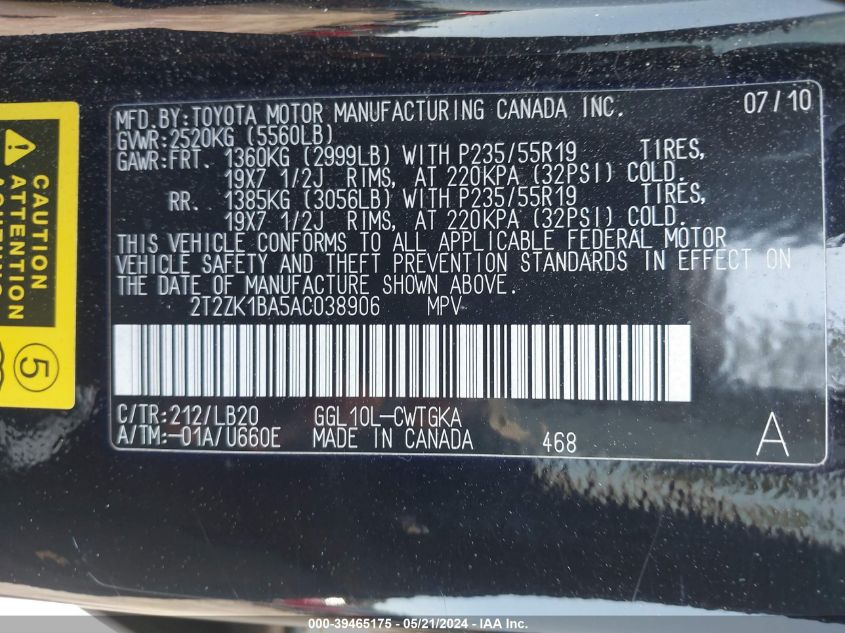 2010 Lexus Rx 350 VIN: 2T2ZK1BA5AC038906 Lot: 39465175