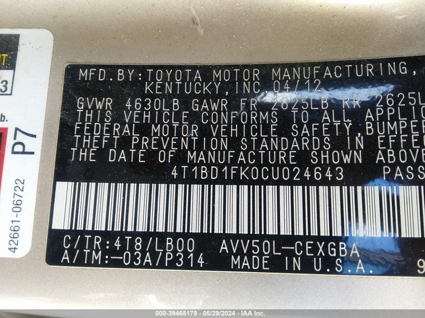 2012 Toyota Camry Hybrid Xle VIN: 4T1BD1FK0CU024643 Lot: 39465179