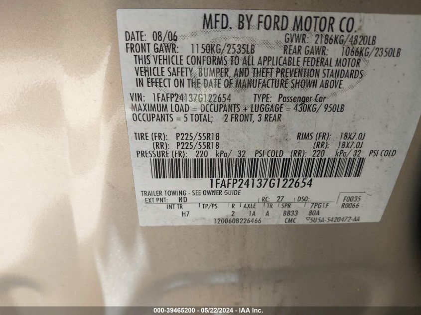 2007 Ford Five Hundred Sel VIN: 1FAFP24137G122654 Lot: 39465200