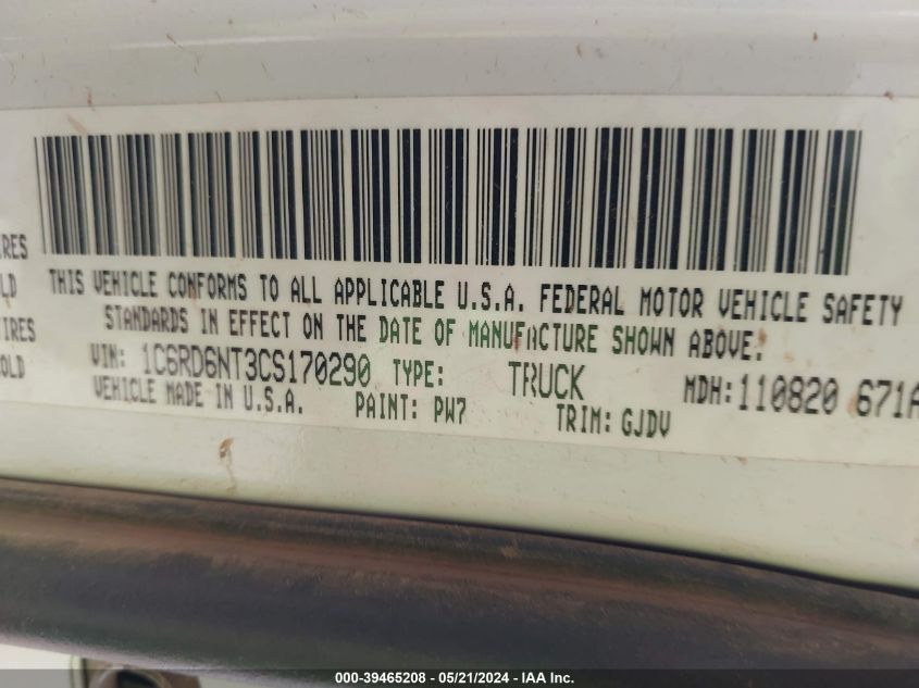 2012 Ram 1500 Laramie VIN: 1C6RD6NT3CS170290 Lot: 39465208