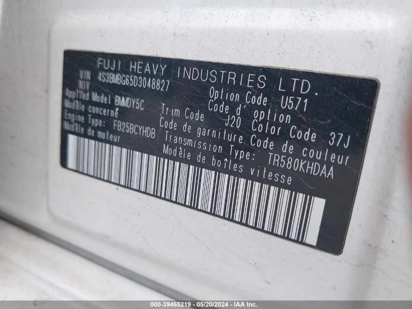 2013 Subaru Legacy 2.5 I Sport VIN: 4S3BMBG65D3048827 Lot: 39465219