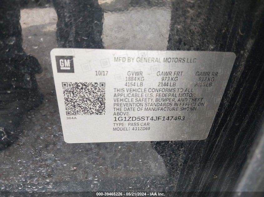 2018 Chevrolet Malibu Lt VIN: 1G1ZD5ST4JF147493 Lot: 39465226