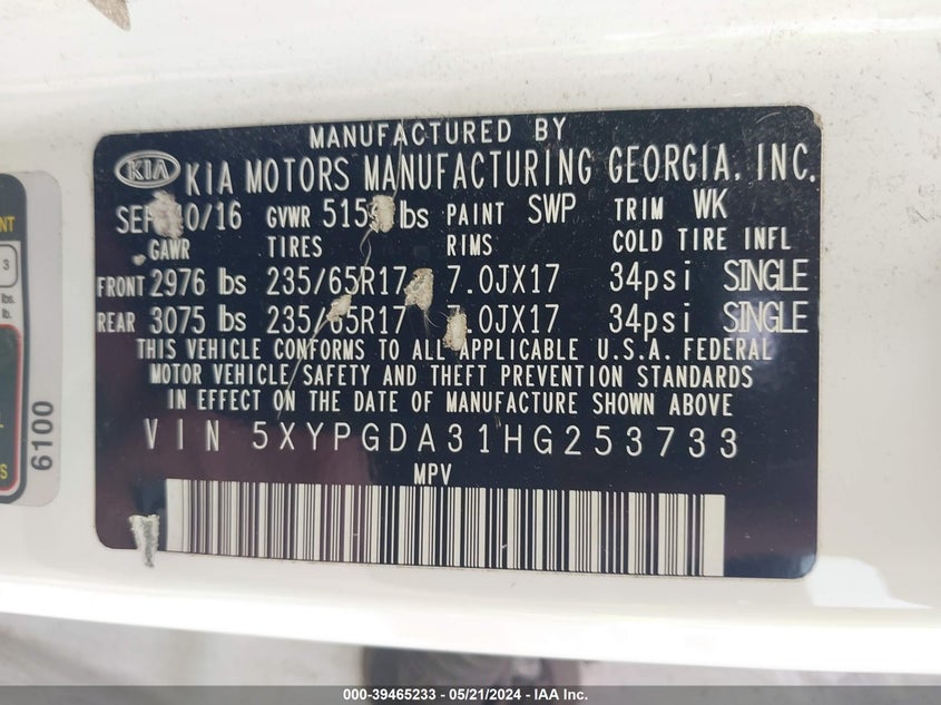 2017 Kia Sorento 2.4L Lx VIN: 5XYPGDA31HG253733 Lot: 39465233