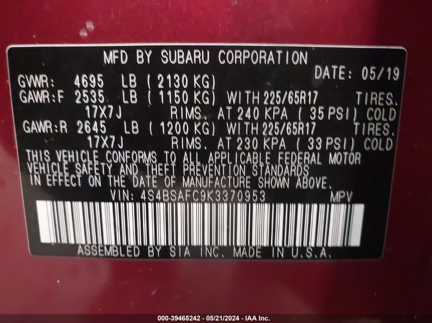 2019 Subaru Outback 2.5I Premium VIN: 4S4BSAFC9K3370953 Lot: 39465242