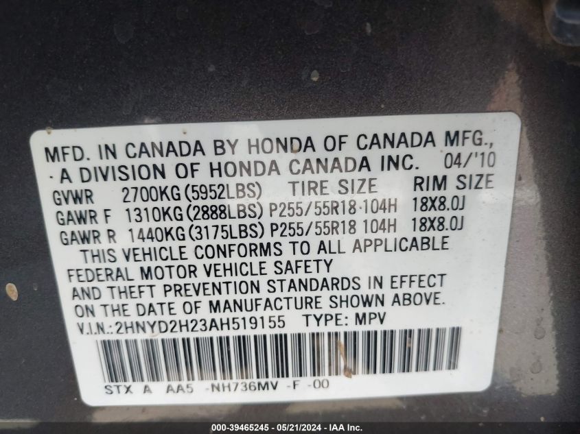 2010 Acura Mdx VIN: 2HNYD2H23AH519155 Lot: 39465245