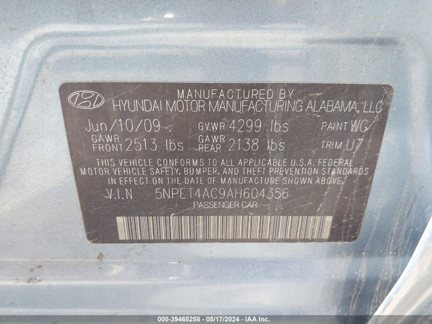 2010 Hyundai Sonata Gls VIN: 5NPET4AC9AH604356 Lot: 39465258