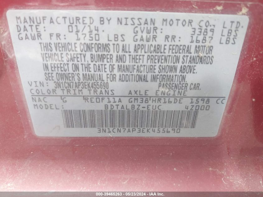 2014 Nissan Versa 1.6 S/1.6 S+/1.6 Sl/1.6 Sv VIN: 3N1CN7AP3EK455690 Lot: 39465263