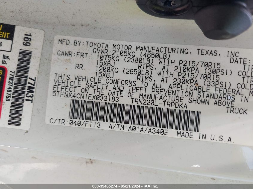 2014 Toyota Tacoma VIN: 5TFNX4CN1EX033183 Lot: 39465274