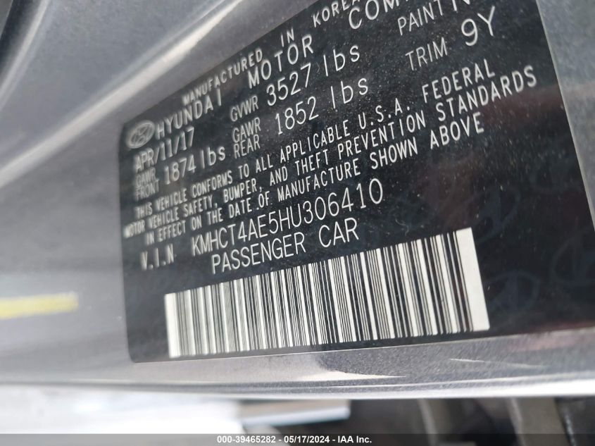 2017 Hyundai Accent Se VIN: KMHCT4AE5HU306410 Lot: 39465282
