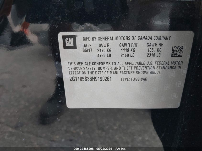 2017 Chevrolet Impala 1Lt VIN: 2G1105S36H9190261 Lot: 39465298