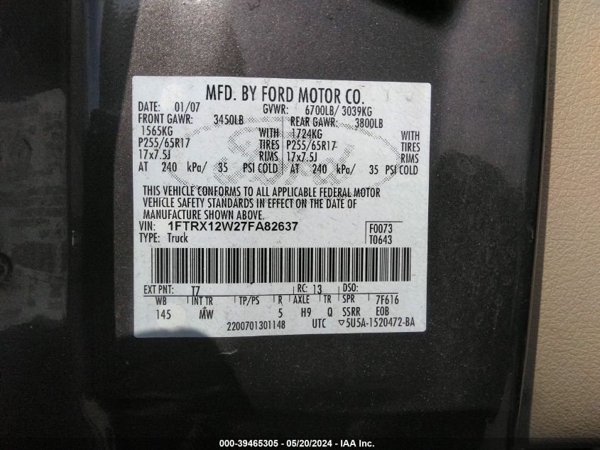 2007 Ford F-150 Stx/Xl/Xlt VIN: 1FTRX12W27FA82637 Lot: 39465305