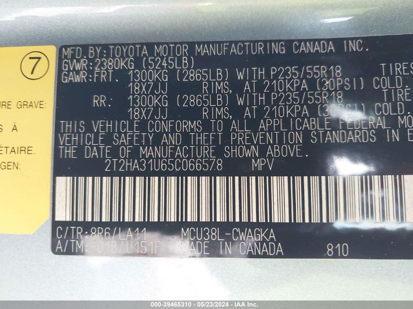 2005 Lexus Rx 330 VIN: 2T2HA31U65C066578 Lot: 39465310