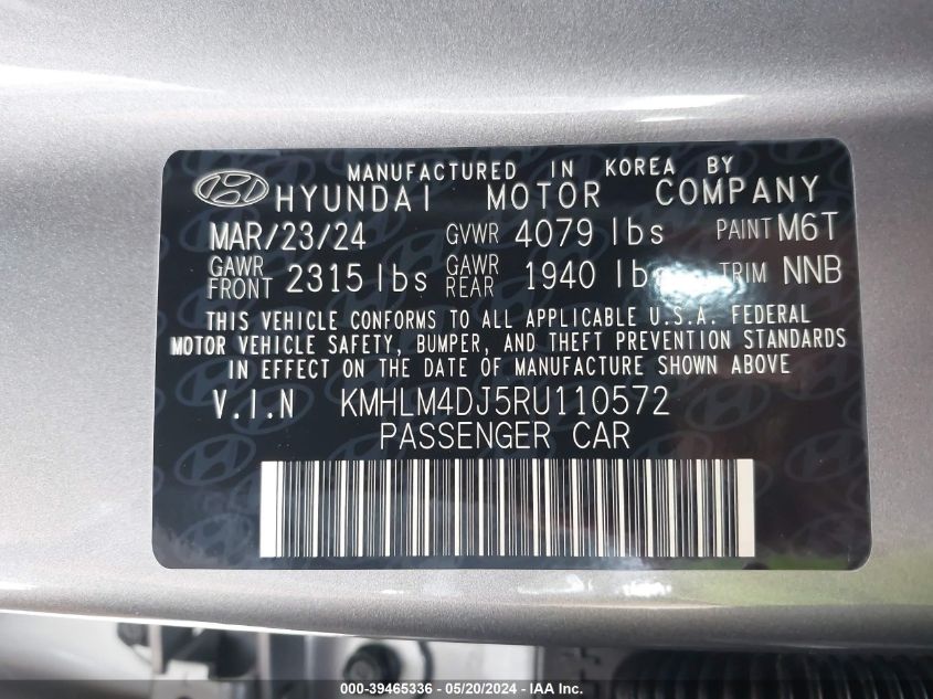 2024 Hyundai Elantra VIN: KMHLM4DJ5RU110572 Lot: 39465336