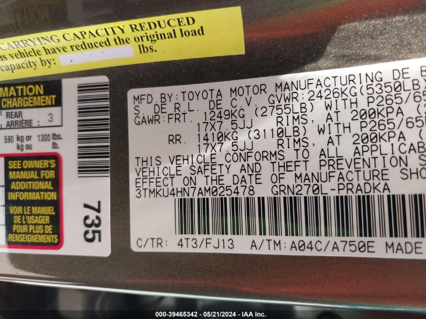 2010 Toyota Tacoma Prerunner V6 VIN: 3TMKU4HN7AM025478 Lot: 39465342