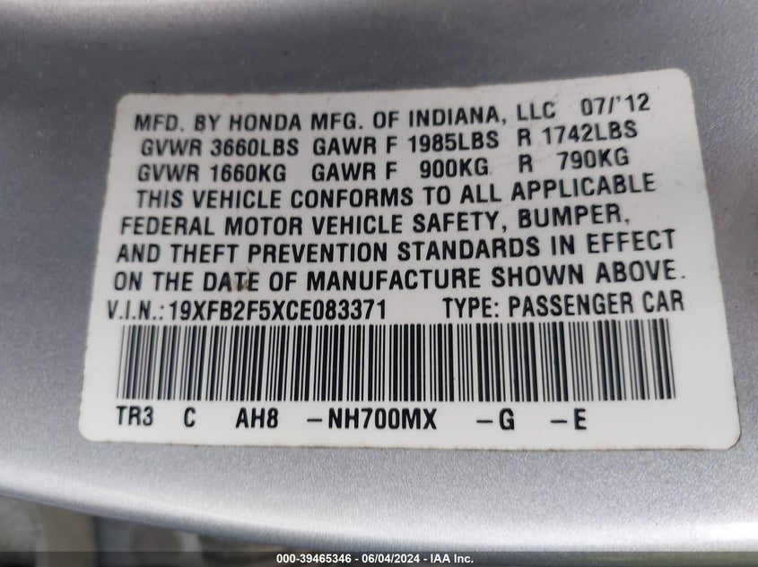 2012 Honda Civic Lx VIN: 19XFB2F5XCE083371 Lot: 39465346