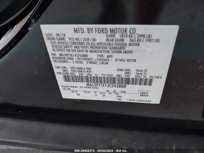 2018 Ford Ecosport Se VIN: MAJ3P1TE1JC243800 Lot: 39465373