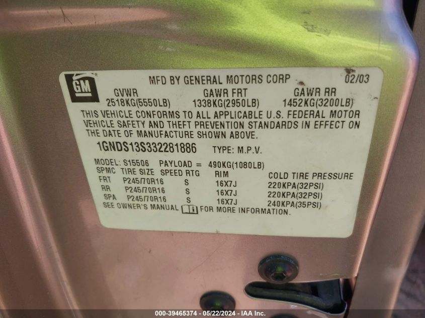 2003 Chevrolet Trailblazer Lt VIN: 1GNDS13S332281886 Lot: 39465374