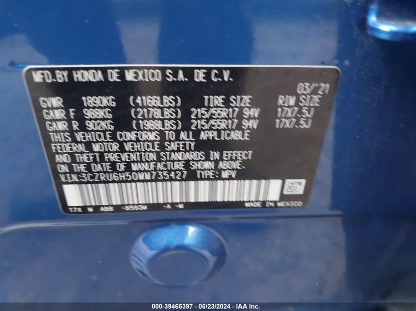 2021 Honda Hr-V Awd Ex VIN: 3CZRU6H50MM735427 Lot: 39465397