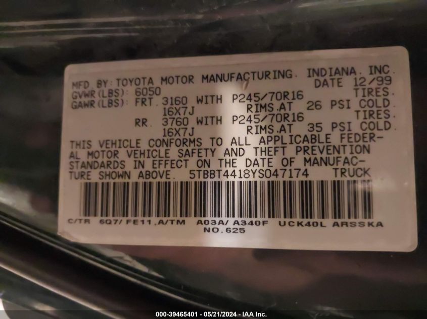 2000 Toyota Tundra Sr5 V8 VIN: 5TBBT4418YS047174 Lot: 39465401