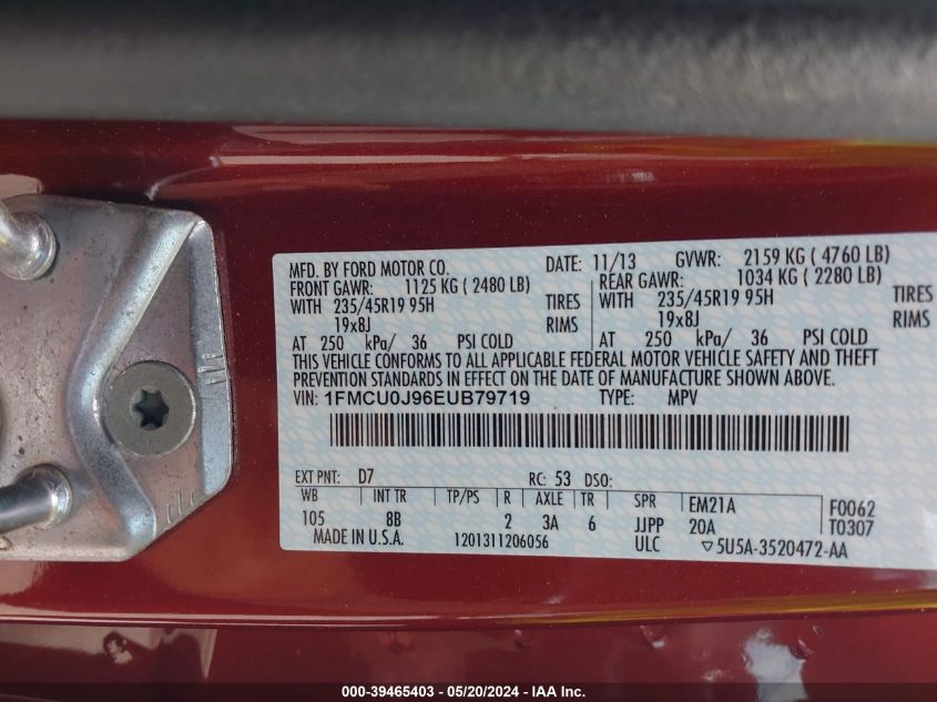 2014 Ford Escape Titanium VIN: 1FMCU0J96EUB79719 Lot: 39465403