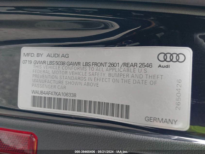 2019 Audi S4 3.0T Premium VIN: WAUB4AF47KA106338 Lot: 39465406