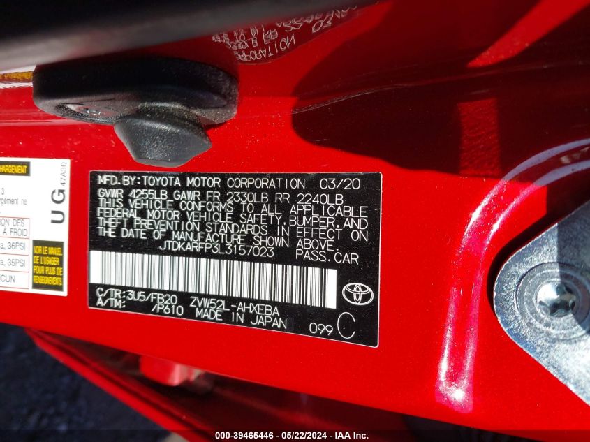 2020 Toyota Prius Prime Le VIN: JTDKARFP3L3157023 Lot: 39465446