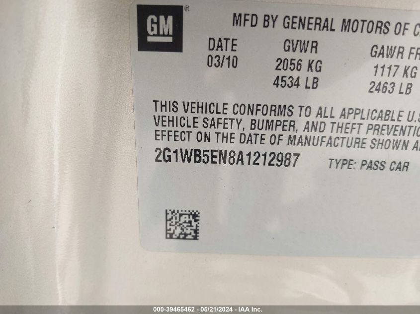 2010 Chevrolet Impala Lt VIN: 2G1WB5EN8A1212987 Lot: 39465462