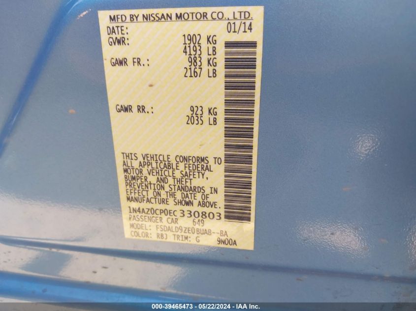 2014 Nissan Leaf Sv VIN: 1N4AZ0CP0EC330803 Lot: 39465473