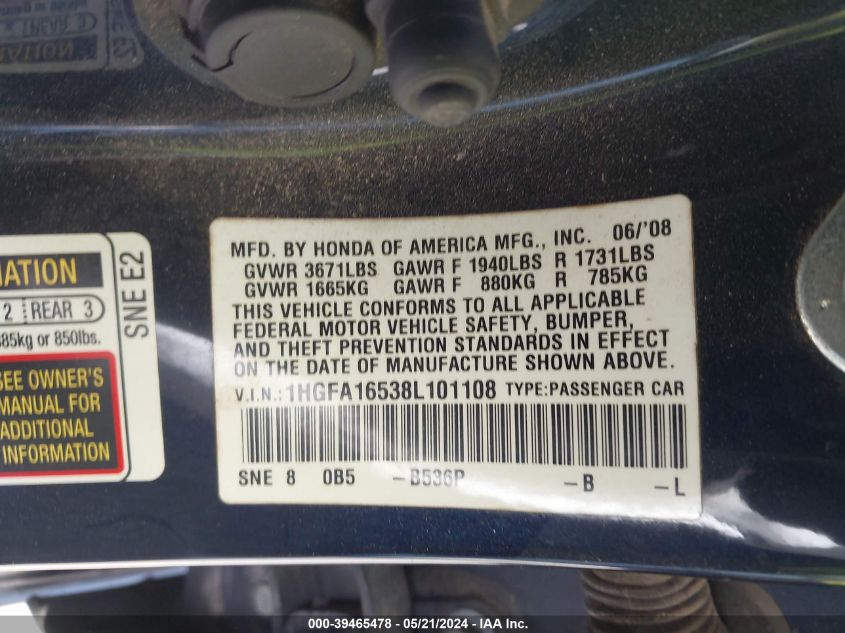2008 Honda Civic Lx VIN: 1HGFA16538L101108 Lot: 39465478