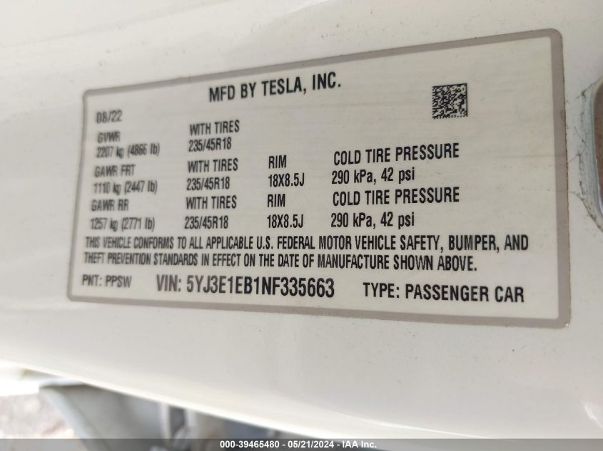 2022 Tesla Model 3 Long Range Dual Motor All-Wheel Drive VIN: 5YJ3E1EB1NF335663 Lot: 39465480