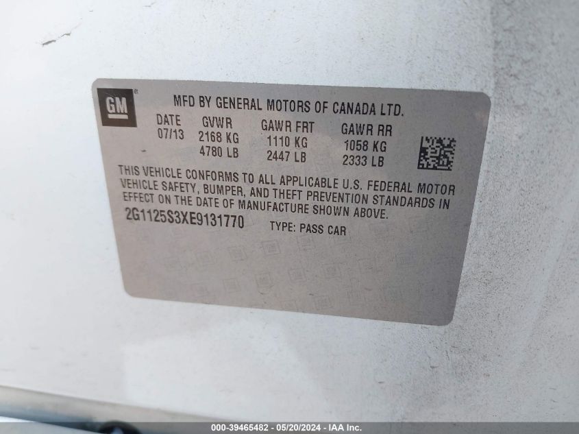 2014 Chevrolet Impala 2Lt VIN: 2G1125S3XE9131770 Lot: 39465482