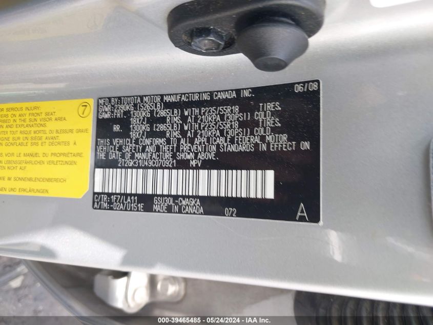 2009 Lexus Rx 350 VIN: 2T2GK31U49C070921 Lot: 39465485