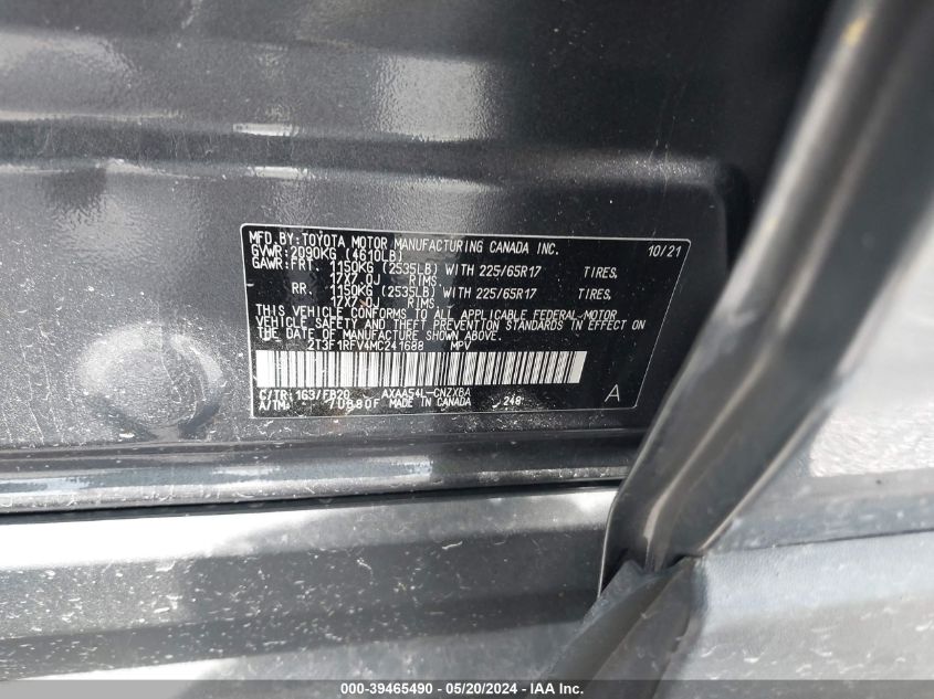 2021 Toyota Rav4 Le VIN: 2T3F1RFV4MC241688 Lot: 39465490