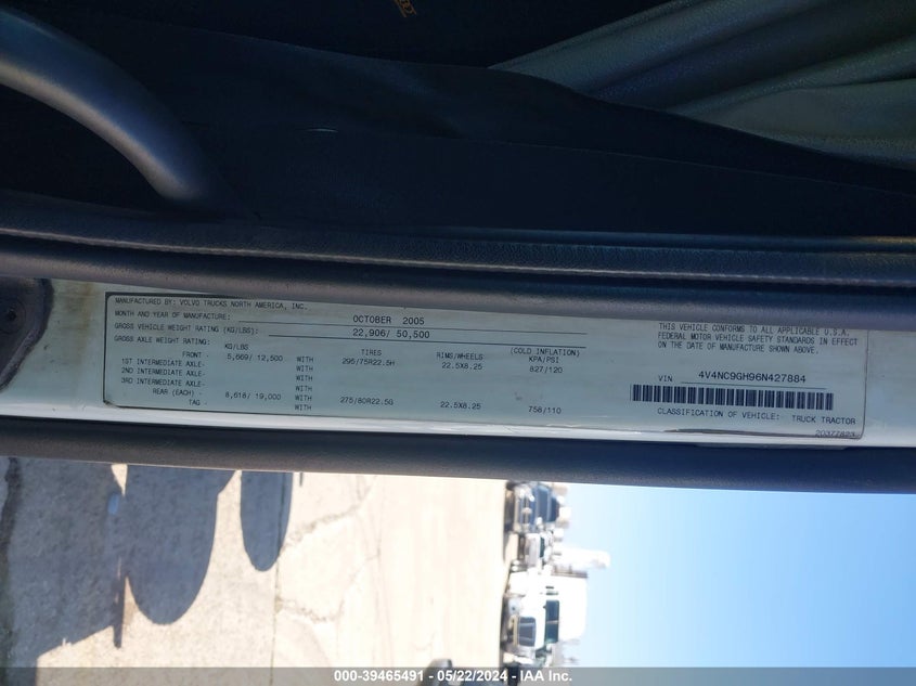 2006 Volvo Vn Vnl VIN: 4V4NC9GH96N427884 Lot: 39465491