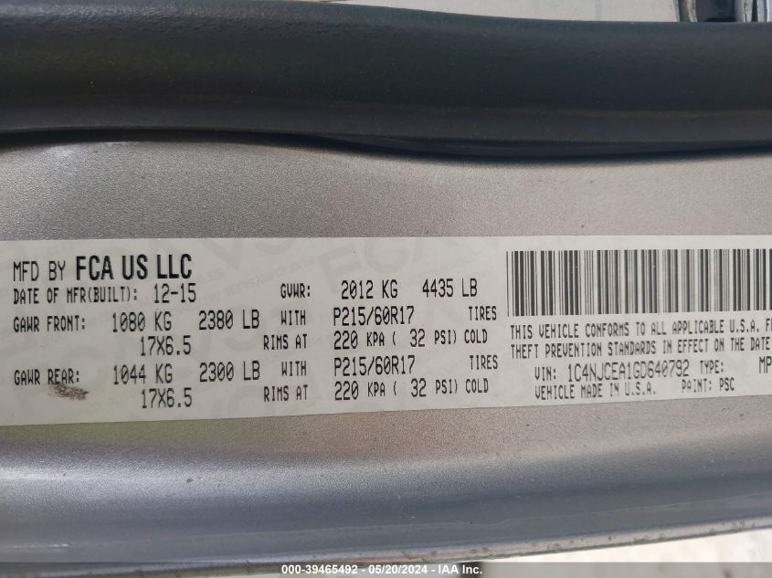 2016 Jeep Compass Latitude VIN: 1C4NJCEA1GD640792 Lot: 39465492