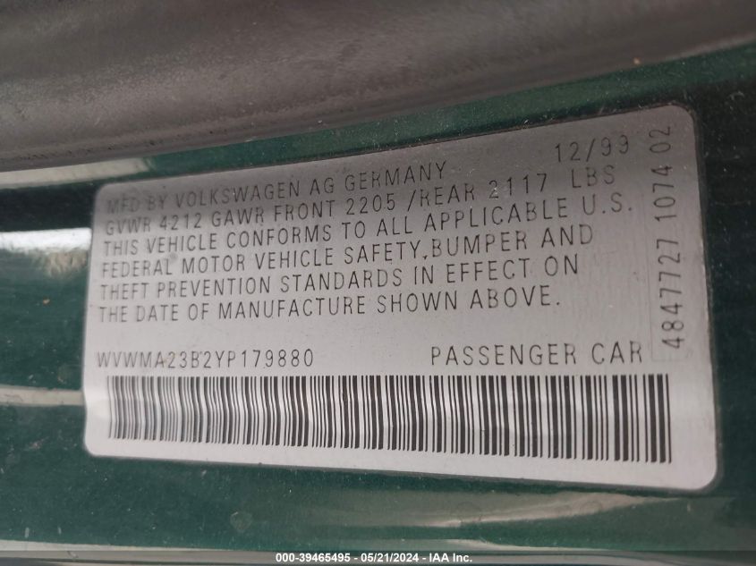 2000 Volkswagen Passat Gls VIN: WVWMA23B2YP179880 Lot: 39465495