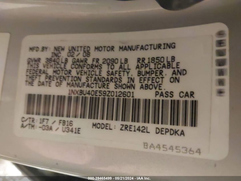 2009 Toyota Corolla Le VIN: 1NXBU40E59Z012601 Lot: 39465499