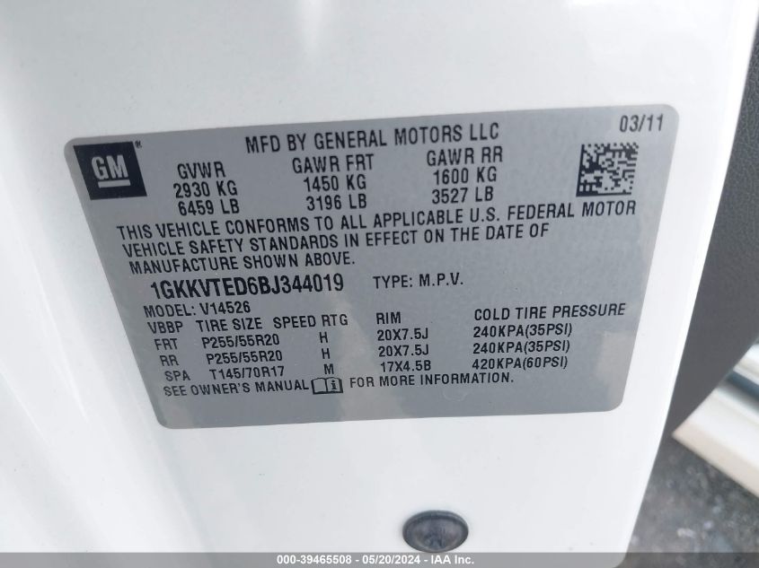 2011 GMC Acadia Denali VIN: 1GKKVTED6BJ344019 Lot: 39465508