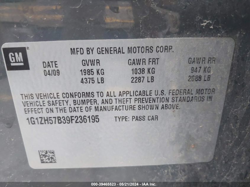 2009 Chevrolet Malibu Lt VIN: 1G1ZH57B39F236195 Lot: 39465523