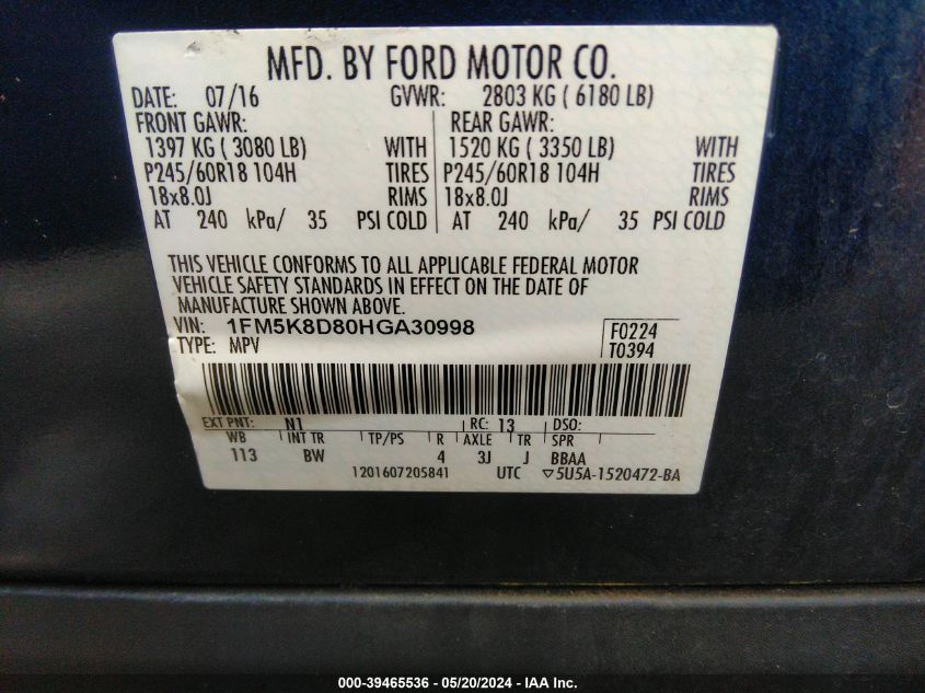 VIN 1FM5K8D80HGA30998 2017 FORD EXPLORER XLT
