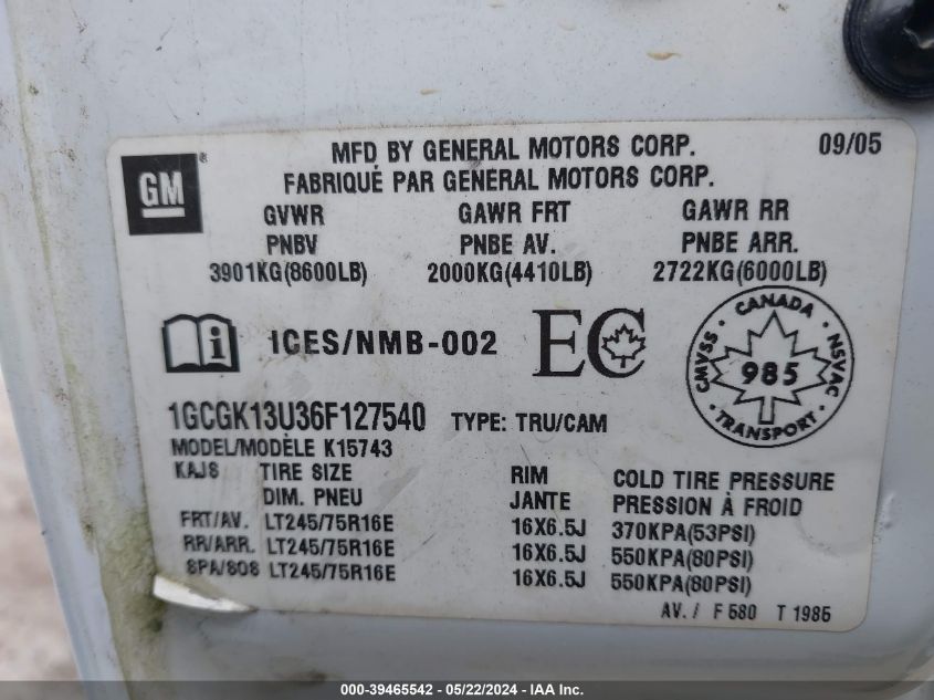2006 Chevrolet Silverado 1500Hd VIN: 1GCGK13U36F127540 Lot: 39465542