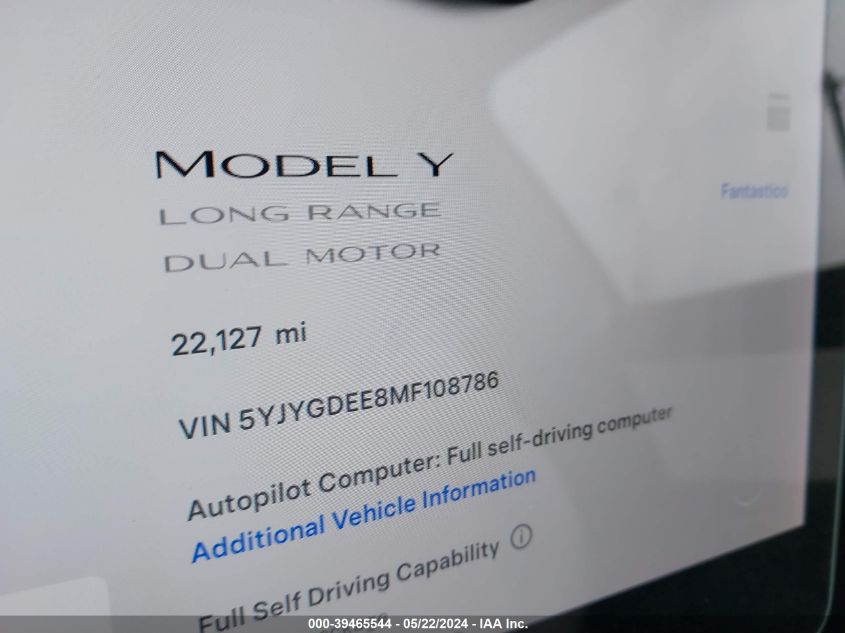 2021 Tesla Model Y Long Range Dual Motor All-Wheel Drive VIN: 5YJYGDEE8MF108786 Lot: 39465544