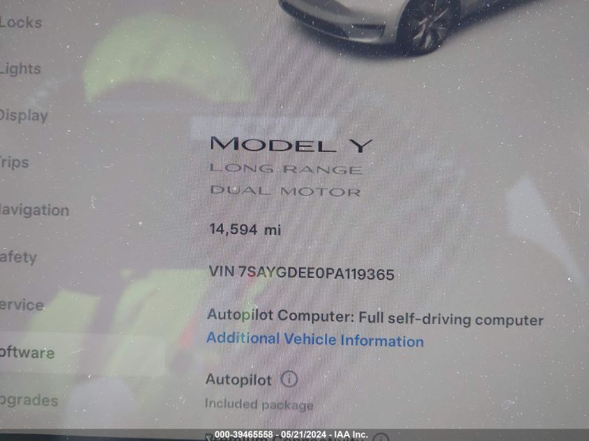 2023 Tesla Model Y Awd/Long Range Dual Motor All-Wheel Drive VIN: 7SAYGDEE0PA119365 Lot: 39465558
