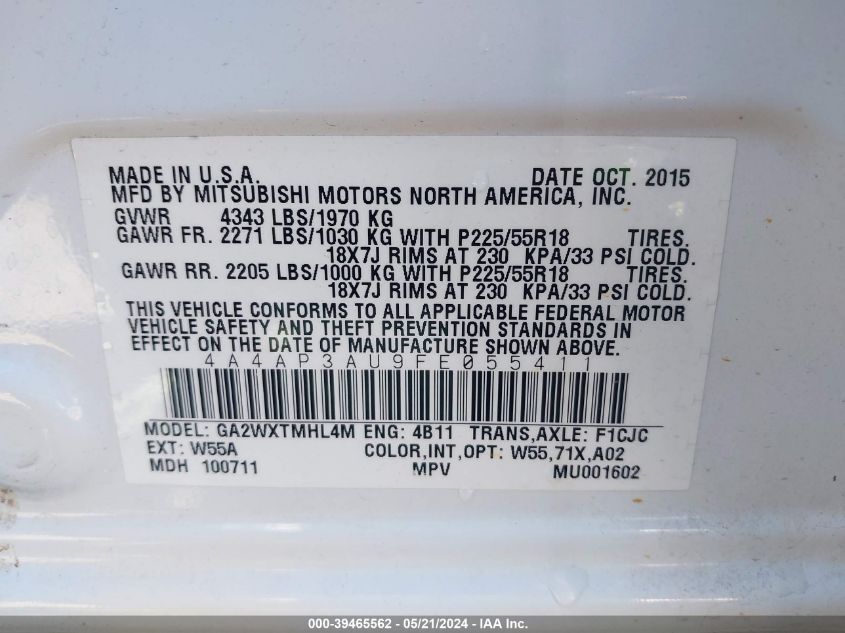 2015 Mitsubishi Outlander Sport Es VIN: 4A4AP3AU9FE055411 Lot: 39465562