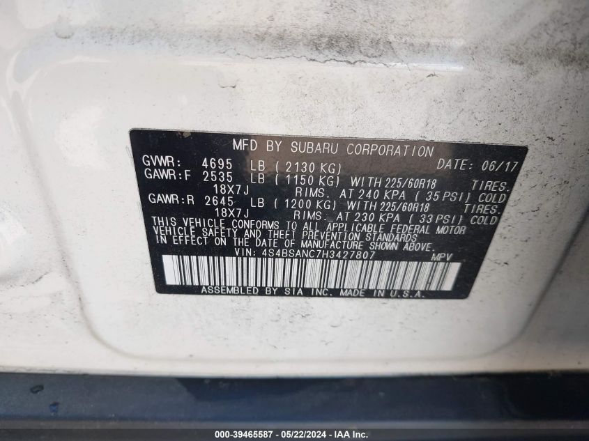 2017 Subaru Outback 2.5I Limited VIN: 4S4BSANC7H3427807 Lot: 39465587