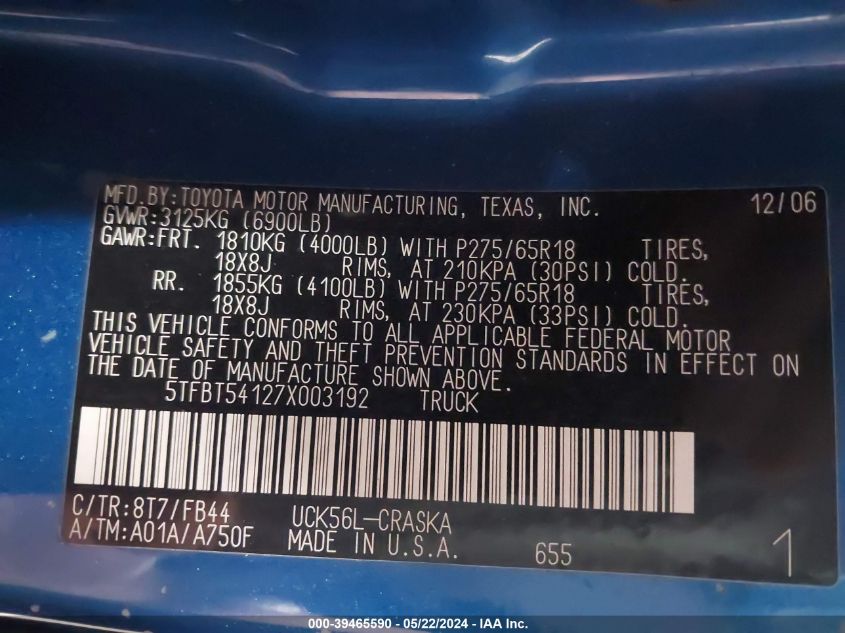 2007 Toyota Tundra Sr5 4.7L V8 VIN: 5TFBT54127X003192 Lot: 39465590