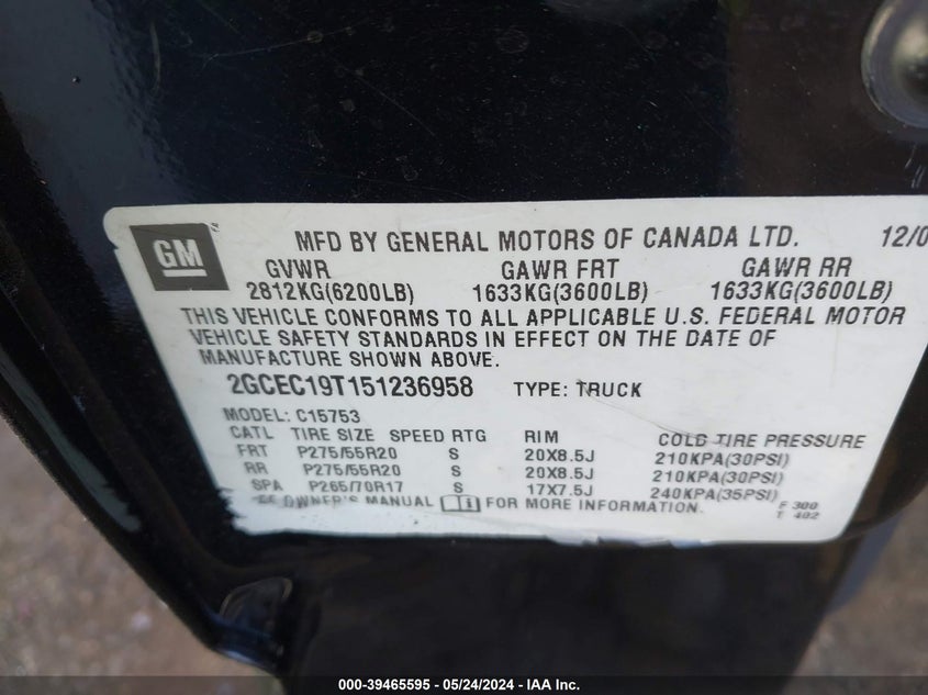 2005 Chevrolet Silverado C1500 VIN: 2GCEC19T151236958 Lot: 39465595