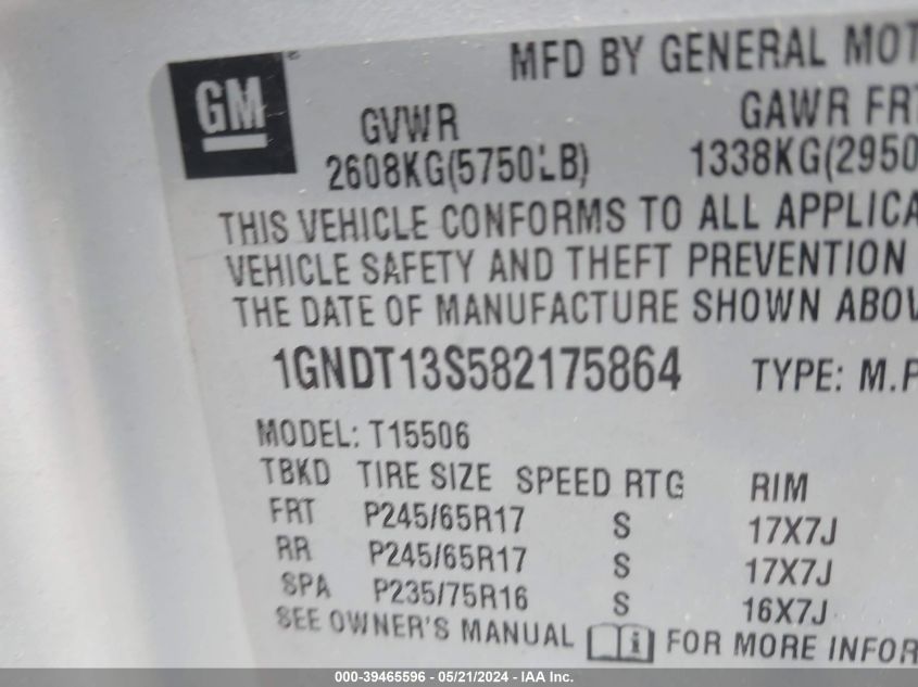 2008 Chevrolet Trailblazer Lt VIN: 1GNDT13S582175864 Lot: 39465596