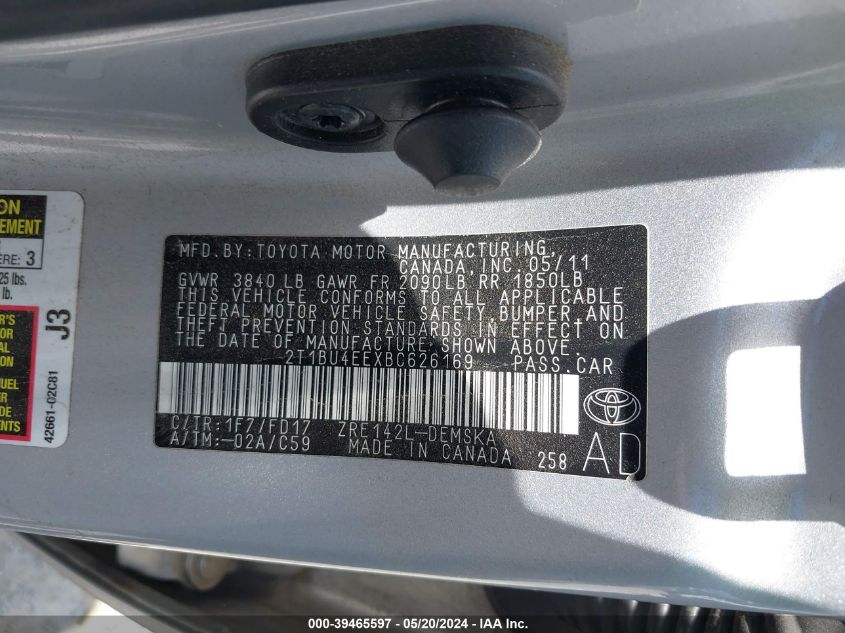 2011 Toyota Corolla S VIN: 2T1BU4EEXBC626169 Lot: 39465597