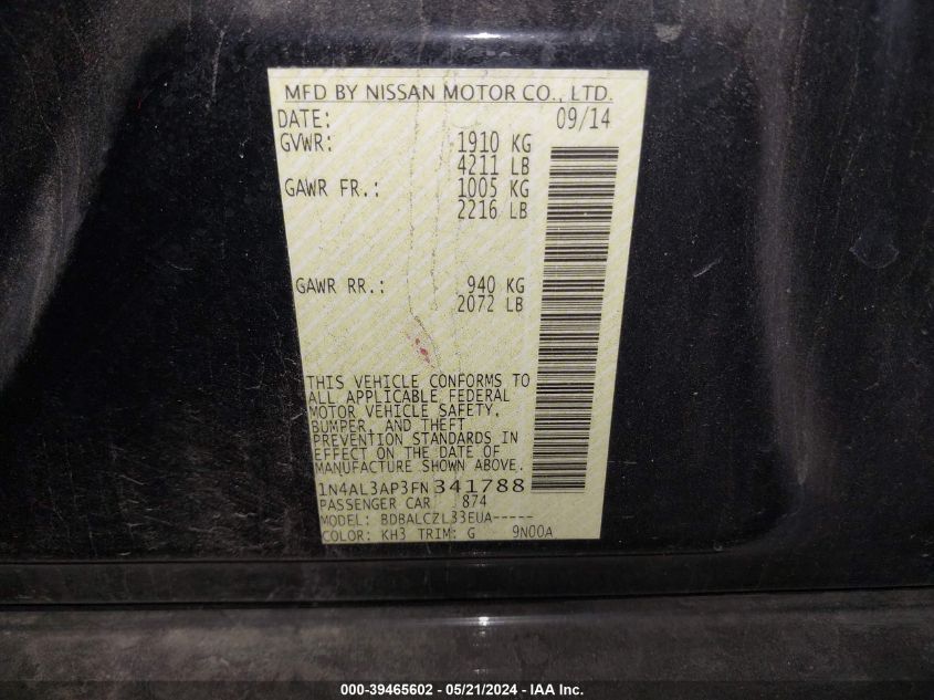 2015 Nissan Altima 2.5/2.5 S/2.5 Sl/2.5 Sv VIN: 1N4AL3AP3FN341788 Lot: 39465602